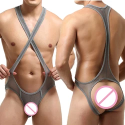 Sexy Mesh Men Undershirts Bodysuits Jockstrap Lingerie Transparent Jumpsuit Wrestling Singlet Underwear Erotic Open Butt Catsuit