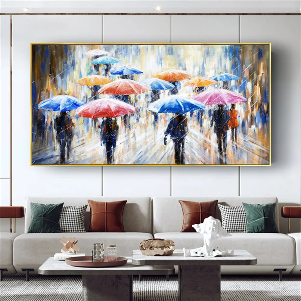 

Mural Pattern Hand-Painted Lover Rain Landscape Oil Paintings On Canvas Wall Art Pictures For Living Room Home Decor Best Gift