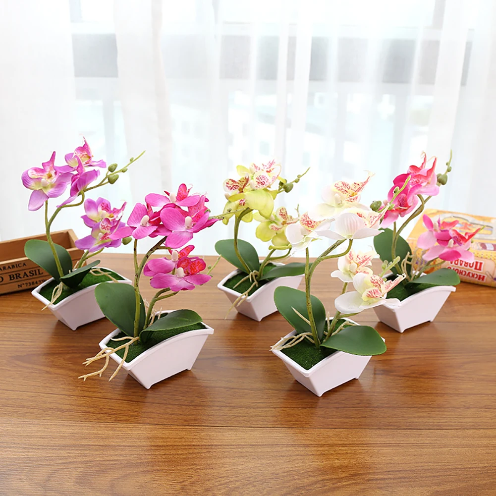 Double Forks Artificial Butterfly Orchid Flower Phalaenopsis Home Office Decor with Flowerpot