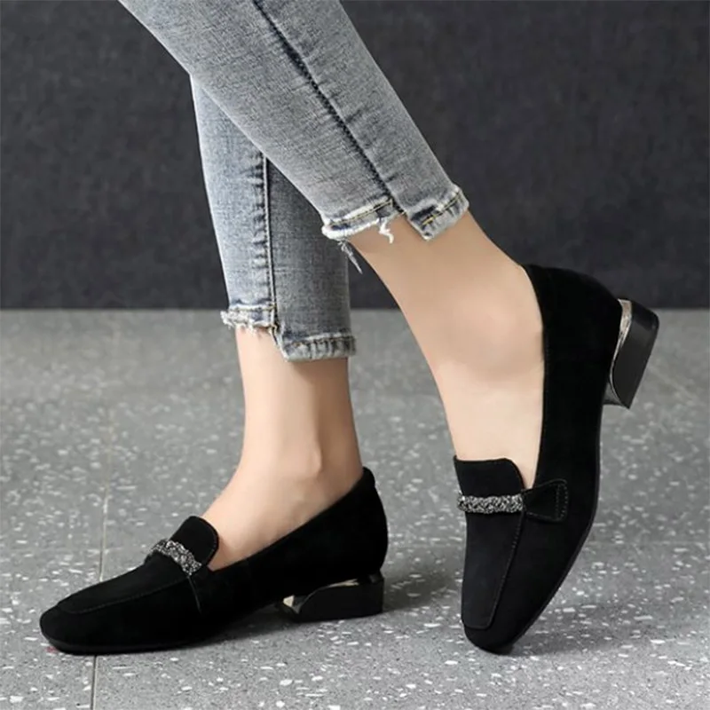Fall/Winter 2021 Ladies Fashion Loafers Low Heel Boat Shoes Shoes Square Toe Dress Shoe Chain Faux Suede Plush Warm Ladies Shoes