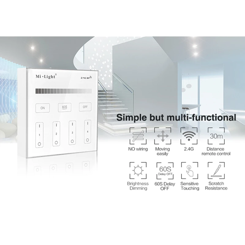 Miboxer B1 2.4G Wireless 4-Zone Brightness Dimming Smart Touch Panel Remote Controller Powerd by 3V Wall Moun Powerd