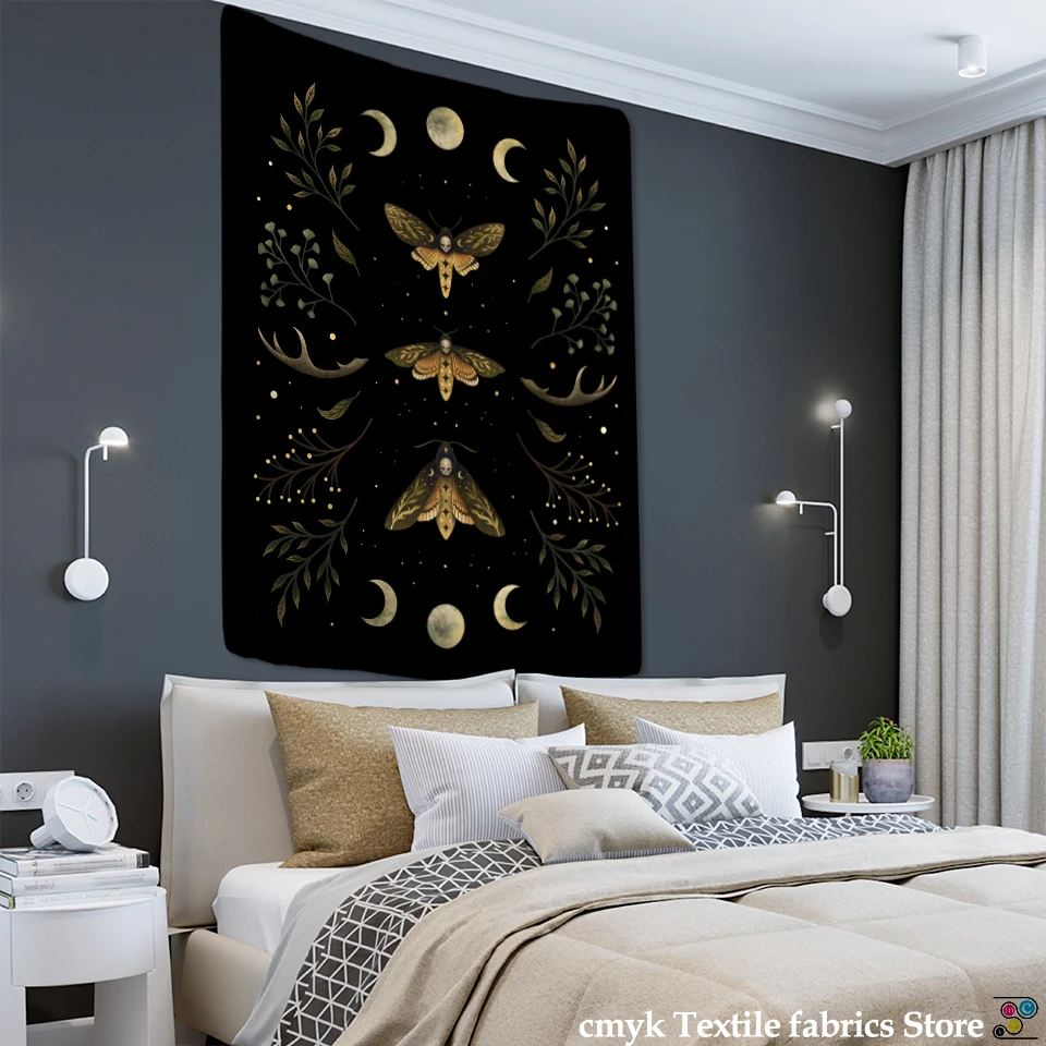 Vintage Moon Phase Tapestry Wall Hanging Moonlight Green Olive Leaf Bohemian Style Hippie Dormitory Home Decor