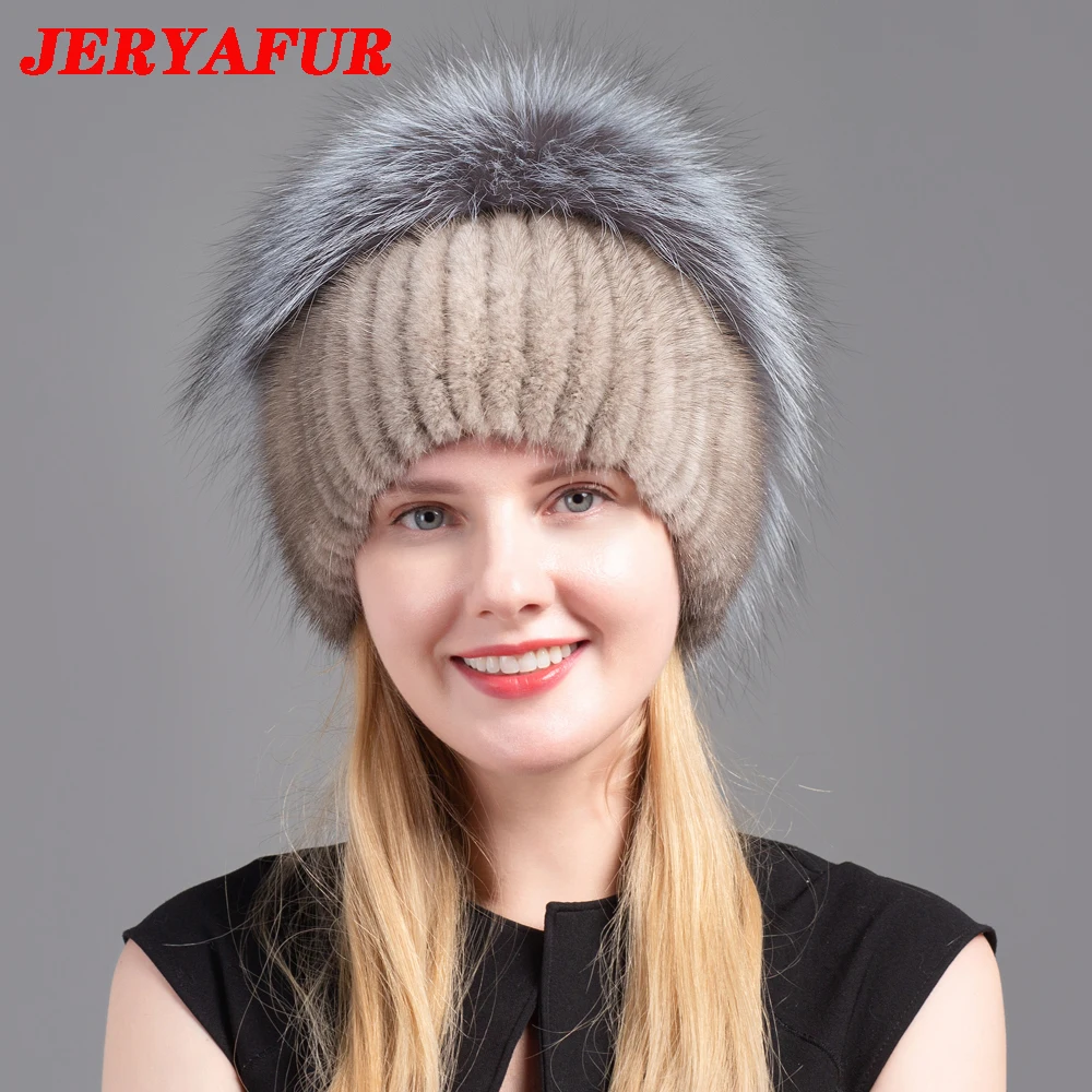 JERYAFUR Fox Hat Women's Winter Warm Fur Hat Natural Mink Fur Knitted Hat Female Edama Braided Fox Fur