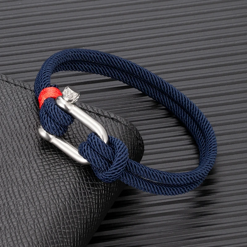 MKENDN Men Minimalist Double Strand Nautical Gray Rope Bracelet Nylon Buckle Shackle Bracelet Navy Anchor Jewelry For Women