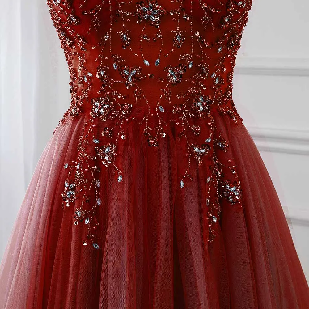 Sweet Wine Red Crystal Long Prom Dresses 2020 Straps Spaghetti Tulle Evening Gown Slit Right YQLNNE