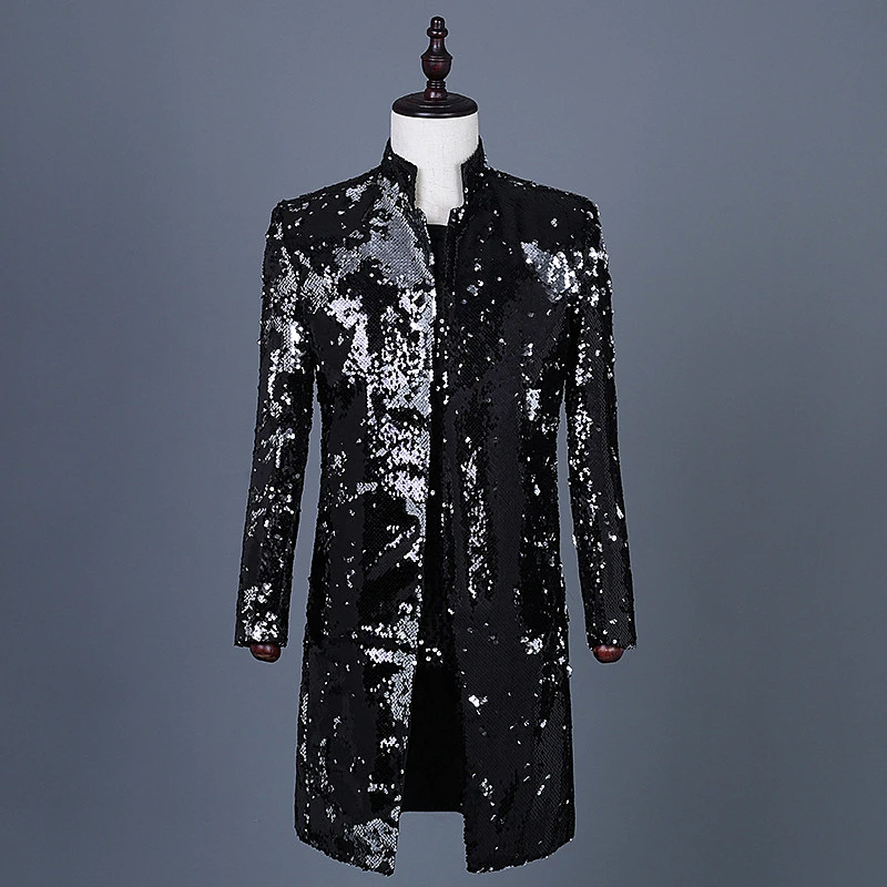 Men\'s Performance Jacket Black Sequins Suit Men\'s Suit Stand Collar Nightclub Host Costume Mid-long Coat