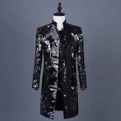 Veste de Performance à Paillettes Noires pour Homme, Col Montant Trempé, Costume d'Hôte de Boîte de Nuit, Manteau Mi-Long