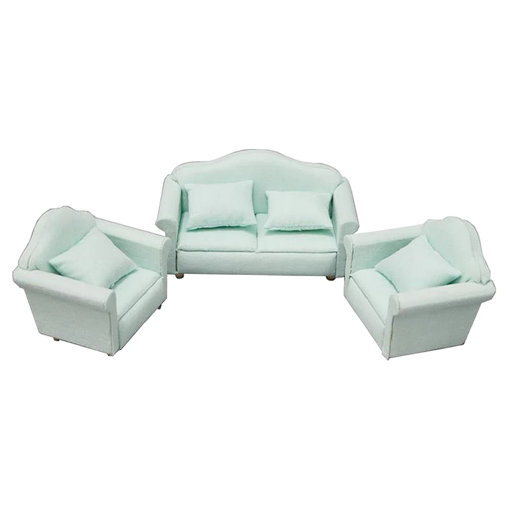 3 Stuks 1/12 Schaal Miniatuur Poppenhuis Love Seat Sofa Fauteuil Set Poppenhuis Meubels Accessoires Couch Groene Kleur