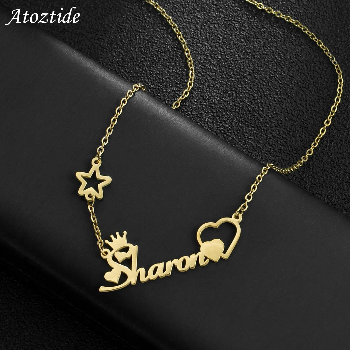 Atoztide Name Necklaces Personalized Stainless Steel for Women Custom Letter Star Chain Heart Pendant Necklace Jewelry Gift