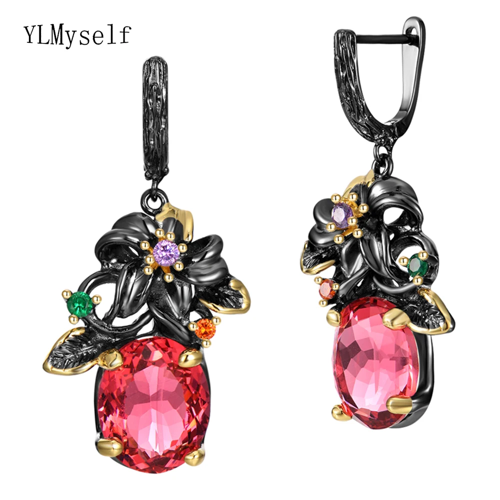 Pretty Flower Vintage Dangle Earring Big Oval Fuchsia/Purple Zircon 2 Tone Plate Jewellery Nice Drop Earrings