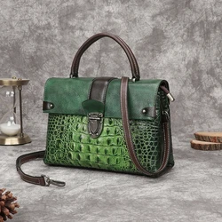 Retro Crocodile Pattern Luxury Women Handbags 2023 New Genuine Cowhide Leather Handmade Embossing Shoulder & Crossbody Women Bag