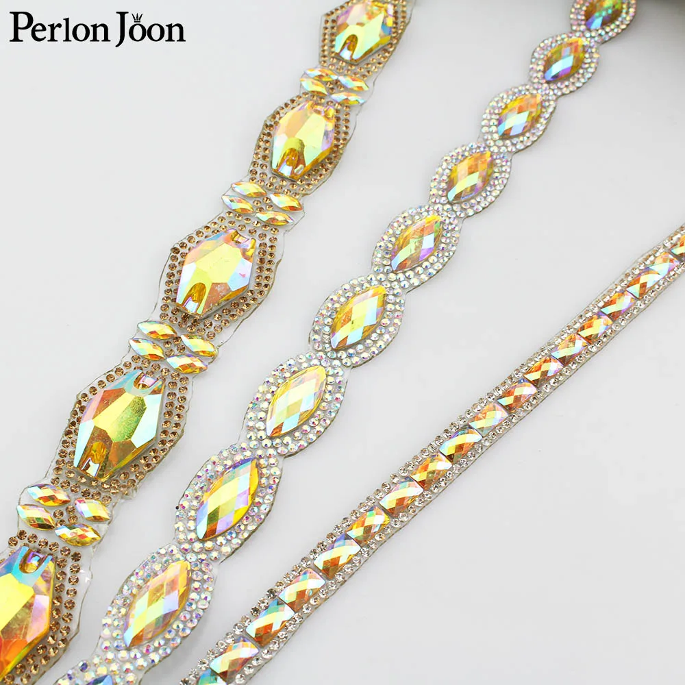 1yard three size gold AB crystal rhinestone trim DIY rhinestone webbing ironing on dress shoes bag decoration accessories TR045