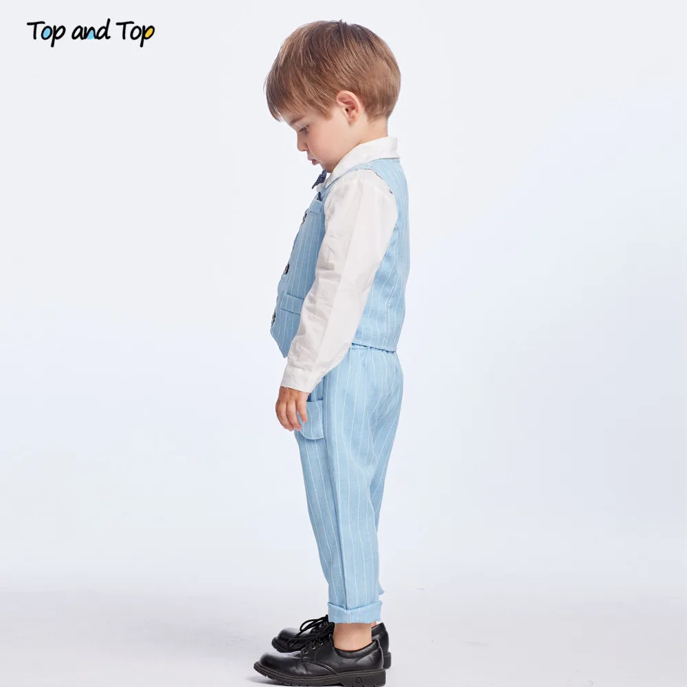 Top und Top Frühling & Herbst Baby Jungen Gentleman Anzug Weißes Hemd mit Fliege + Gestreiften Weste + Hose 3Pcs Formale Kinder Kleidung Set