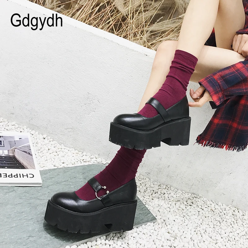 Gdgydh Spring Autumn Chunky Heel Vintage Lolita Shoes Women Platform Shoes Mary Jane Buckle Strap School Shoes For Girls Black