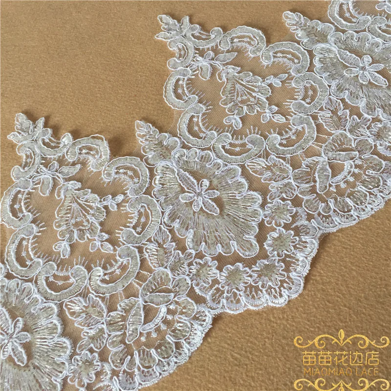 Delicate 1Yard White/Ivory Sequin Cording Fabric Flower Venise Venice Mesh Lace Trim Applique Sewing Craft for Wedding Dec. 23cm