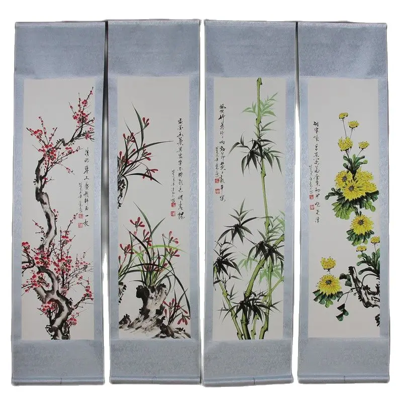 

Four finished pieces of mounted banners of Chinese painting celebrities can be directly linked to the ink painting Mei Lan Zhu J