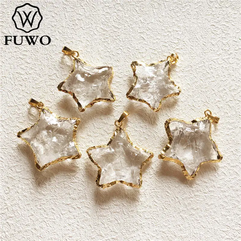 FUWO Wholesale Hand Carved Clear Quartz Star Pendant,Golden Plated Star Shape Crystal Accessories For Women Jewelry Making PD282