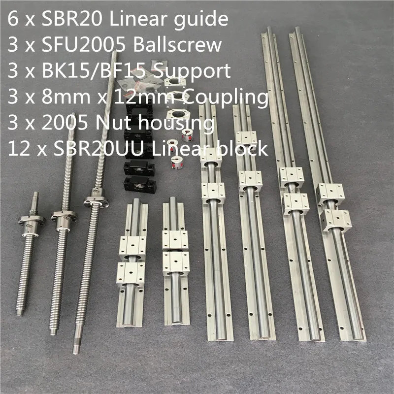 SBR 20 Linear Guide Rail  6 Set SBR 20 - 300/700/1100mm + Ballscrew Set RM2005 SFU2005 - 350/750/1150mm + BK/BF15 CNC Parts