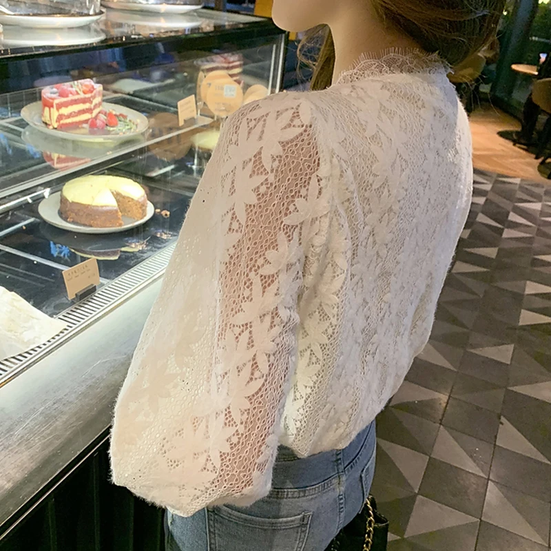 Elegant 4XL New Lace Blouse Women Korean Hollow Out V Neck Long Sleeve Shirt Ladies Spring Crochet Lace Solid Tops Blusa 13356