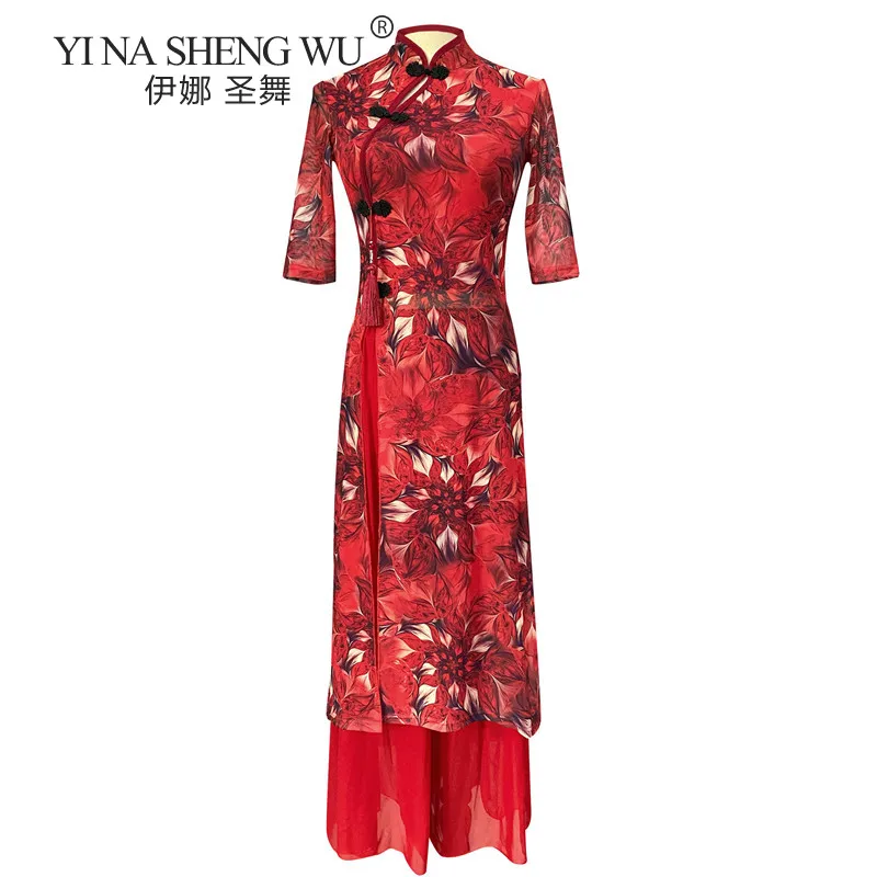 จีนแบบดั้งเดิม Cheongsam ผู้หญิงคลาสสิกเต้นรำยาวชุด Knot ปุ่ม Flowy สีแดง Folral Folk Dance XXL