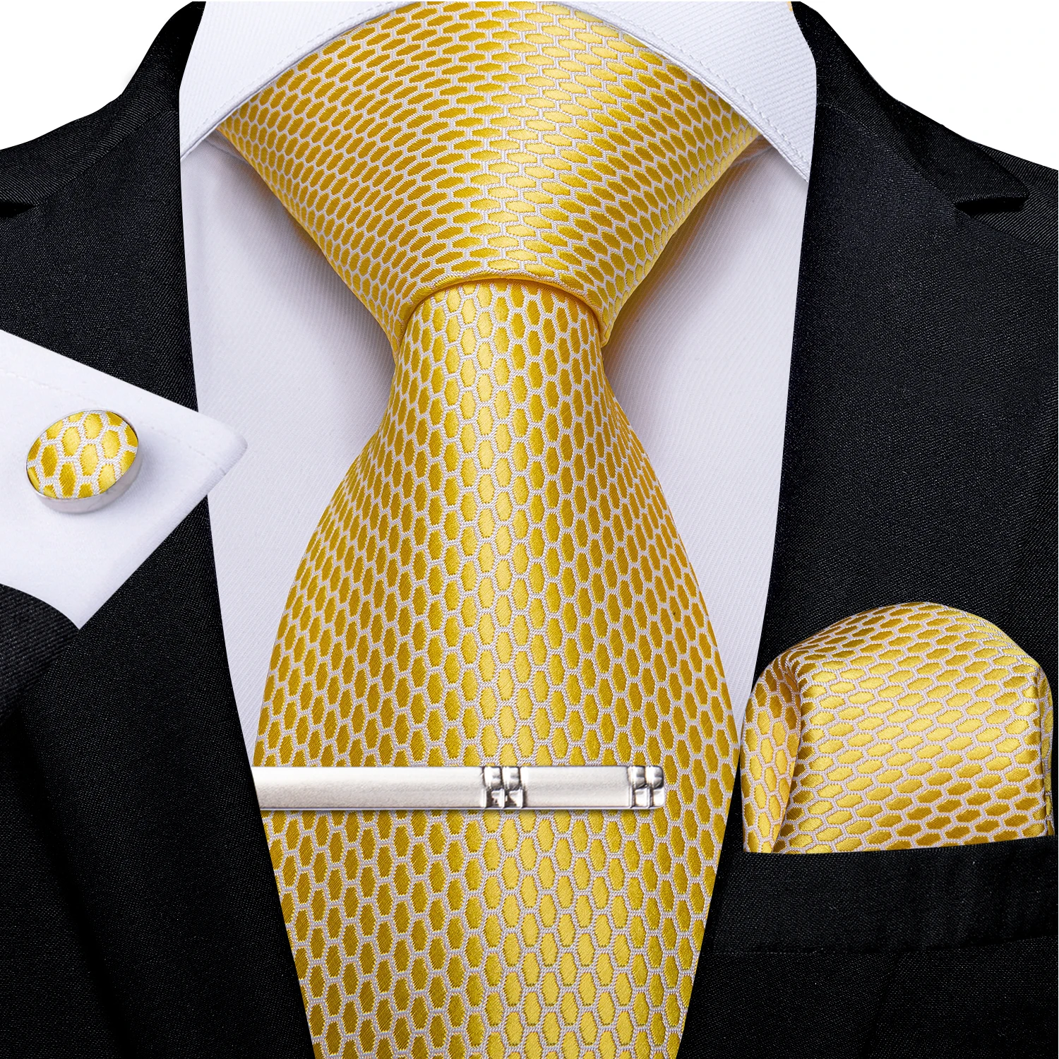 Fashion Yellow White Plaid Men's Neck Tie Set Tie Ring With Tie Clips Business Wedding Tie Pocket Square Cufflinks 8cm Gravata