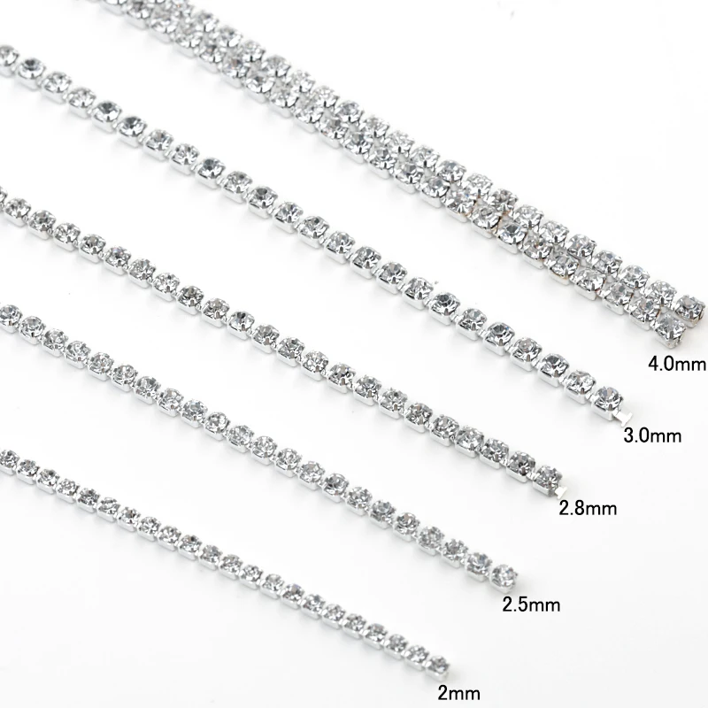 LKERAN 5Meter/lot 7 Sizes Clear Sew on Crystal Rhinestone Chain Silver Base Dense Claw Glass Rhinestone Trim DIY Accessories