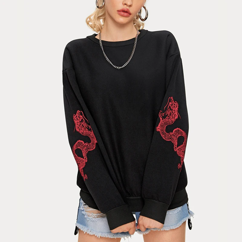 Two dragons print long sleeve crewneck sweatshirt jersey casual warm thick fleece hoodie fall winter 2021 women clothing C194