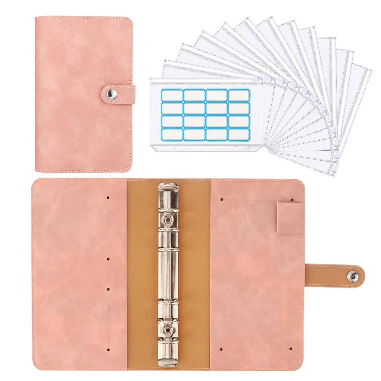 A6 PU Leder Budget Bindemittel Geld Organizer mit 12 PCS Klar Kunststoff Reißverschluss Cash Umschläge Taschen & Self-Adhesive label