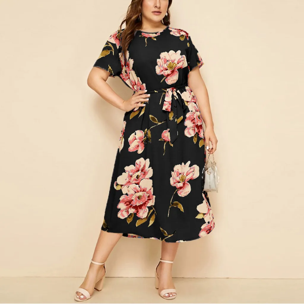 Phụ Nữ Plus Kích Thước Áo Bohe In Hoa Váy Đầm Ngắn Tay Cổ Tròn Váy Rời Nữ Oversize XL-XXXXL Áo Chất Lượng Cao