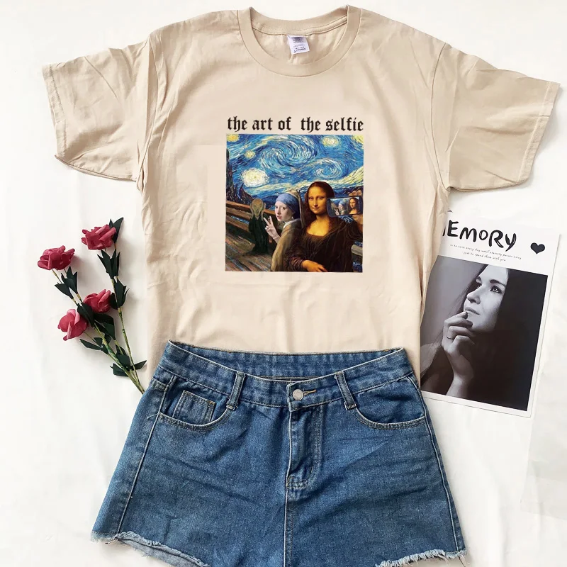 DreamChaser The Art of the Selfie Funny Tees  Mona Lisa Starry Night Art Printed T Shirt Women Short Sleeve Van Gogh T shirt