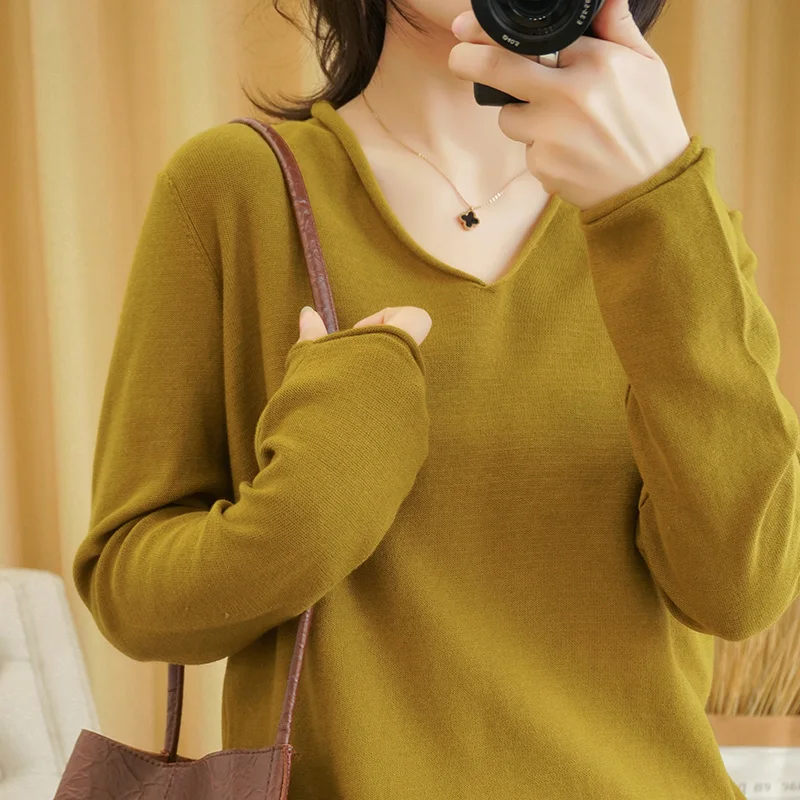 2023 long-sleeved knit sweater pullover bottoming shirt Solid color spring summer cotton T-shirt V-neck blouse Slim women