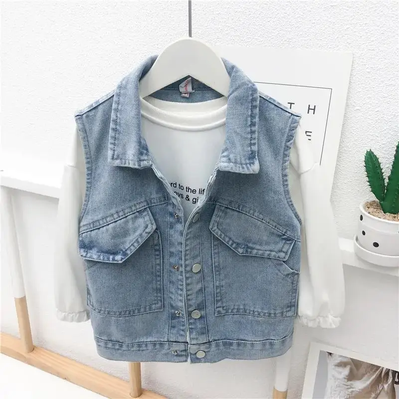 Kids Denim Vest Rainbow Sleeveless Single Breasted Jean Waistcoat Spring Autumn Boys Girls Casual Jacket Outwear