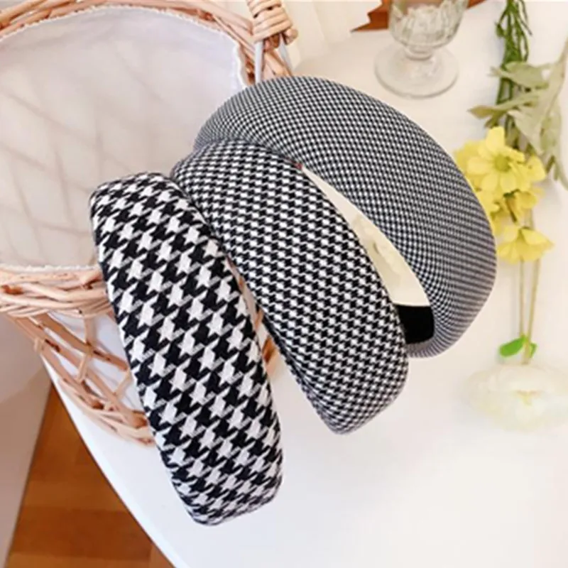 

Women Classic Houndstooth Plain Headbands Sponge Inside Ladies Plaids Print Padded Hairbands Luxury Brand Style Head Band