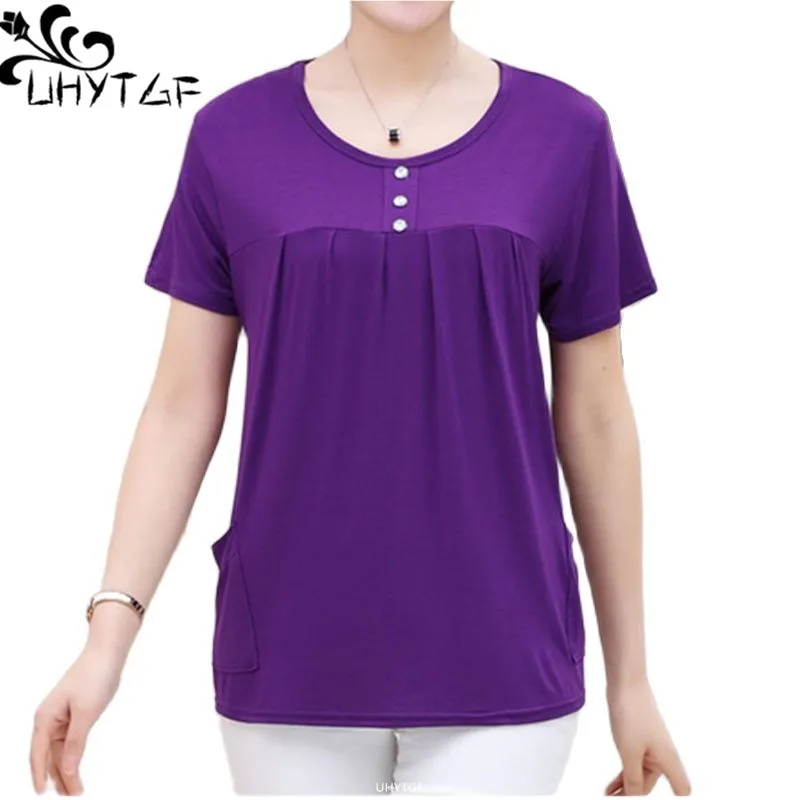 UHYTGF Middle-Aged Women T-Shirt O Neck Short Sleeve Casual Mother Summer T-Shirt Elastic Cotton Thin Big Size Tops Blouses 2161