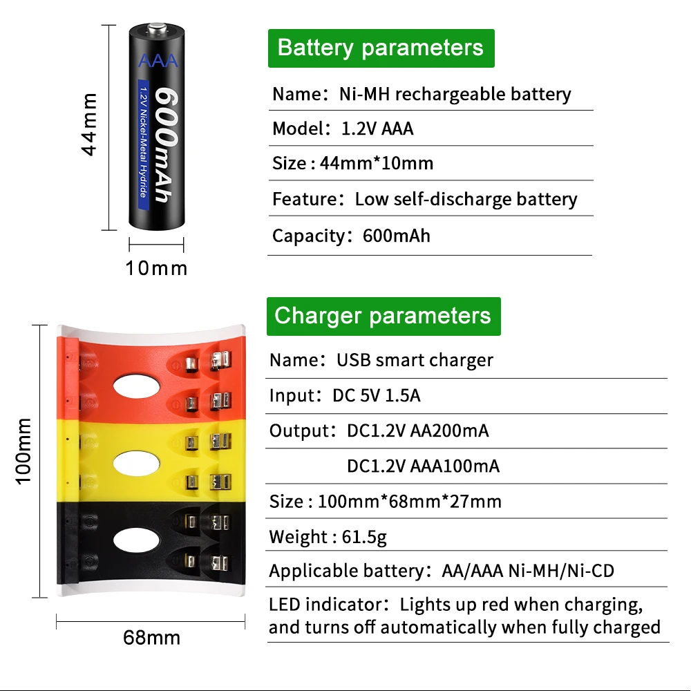 2021 New 1.2V AAA rechargeable battery 600mah AAA 1.2V Ni-MH echargeable batery for led light toy mp3 light Bateries