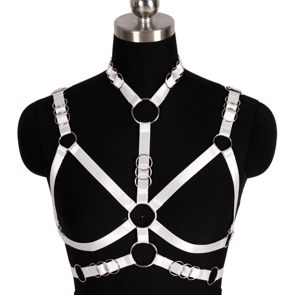 

White Hollow Bra Crop Tops Bondage Metal Ring-O Connection Straps Festival Rave Harness For Women Garter Punk Gothic Clothes