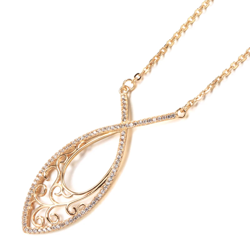 Trandy Cross Hollow Zircon Necklace 585 Rose Gold Big Pendant Pliers Long Chain for Woman Elegant Wedding Jewelry Hypoallergenic