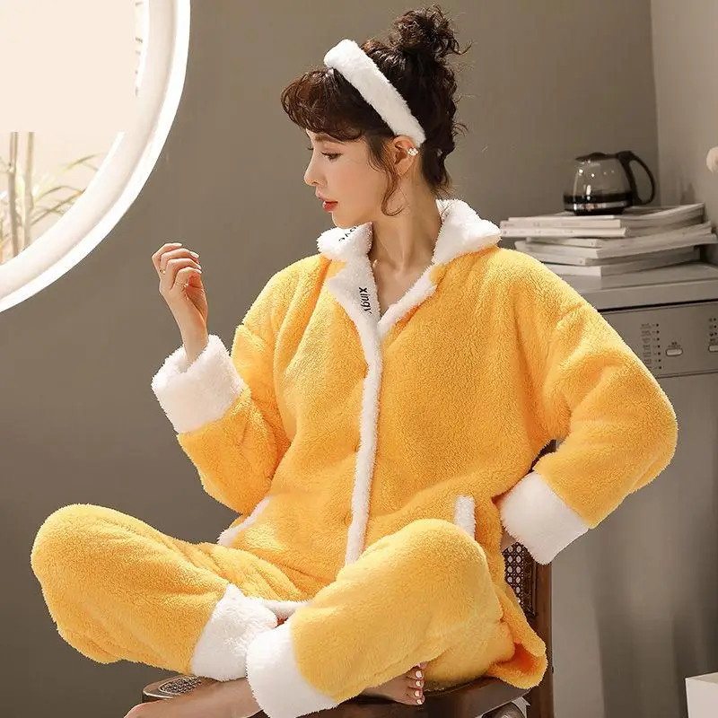 

Coral Fleece Shirt&Pants Lady 2PCS Pajamas Suit Loose Sleepwear Flannel Nightgown Winter Nightwear Warm Thicken Homewear Pijamas