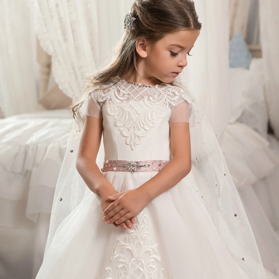 Beaded Crystal Flower Girl Dresses Short Sleeve With Shawl Princess Dress For Weddings First Communion Dress Special Occasion