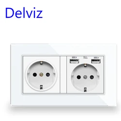 Delviz Double Outlet With USB, Tempered Crystal Glass Panel, 5V 2A USB charging Ports, AC 110V~250V, 16A EU Standard Wall Socket