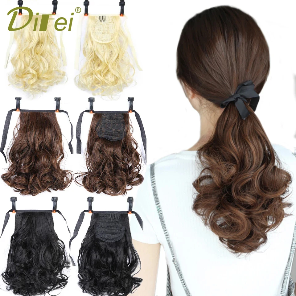 Difei ondulado sintético rabo de cavalo cordão clip em extensões de cabelo rabo de cavalo marrom resistente ao calor rabo de pônei para cabelo falso feminino