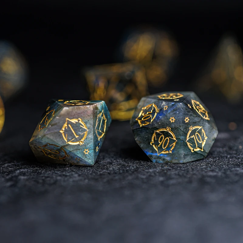 Natural Labradorite Gems Dice Magic Matrix Symbol Stone Engrave Polyhedral Dice Starry Sky Dice For DND RPG COC Table Games