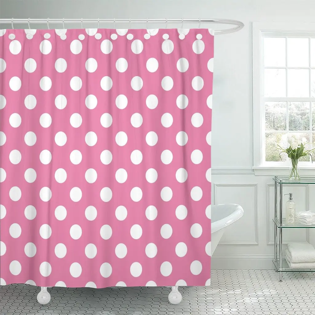 Circle Polka Dot Pink and White Contemporary Cute Modern Shower Curtain Waterproof Polyester Fabric 60 x 72 Inches with Hooks