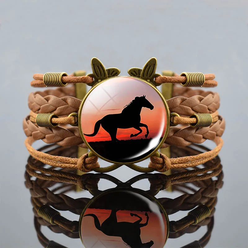 Horse Pattern Glass Dome Brown Leather Bracelet Horse Head Art Infinity Butterfly Bangle Bracelet Jewelry Animal Birthday Gift