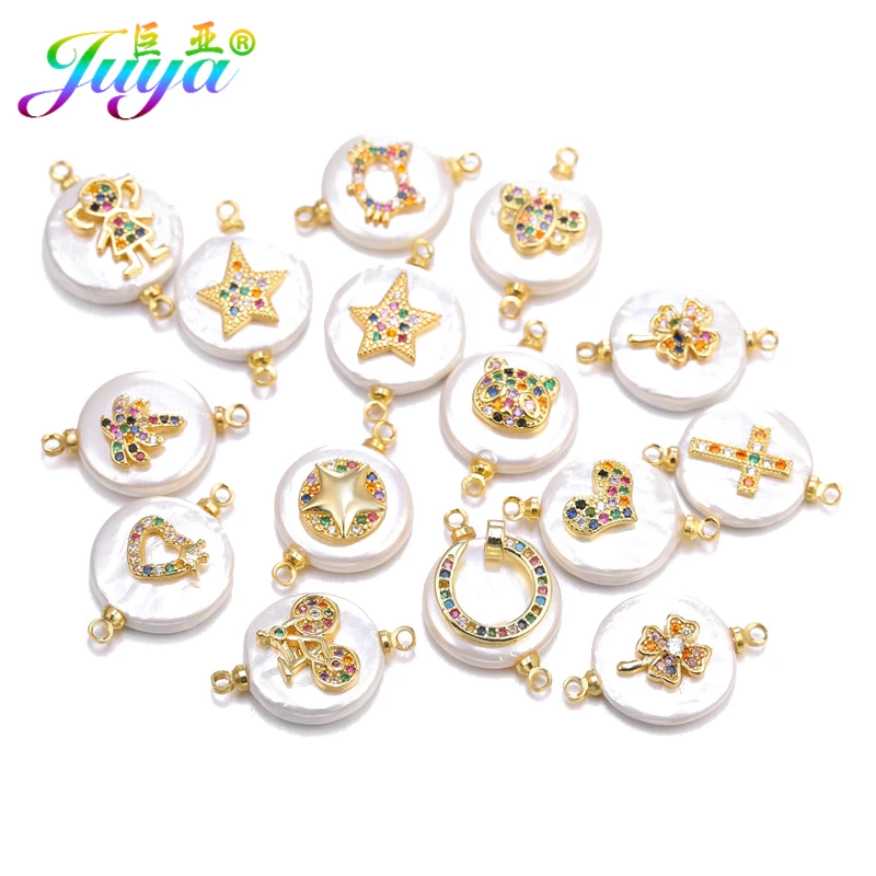 Juya DIY Connectors Supplies Cubic Zirconia Charms Shell Pearls Connectors Accessories For Women Earrings Bracelet Making