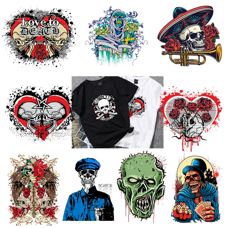 Custom Punk Skull Stripes Heat-sensitive Patches Heart Skeleton Applique Thermo Sticker On Clothes Iron On Transfers For Clothes