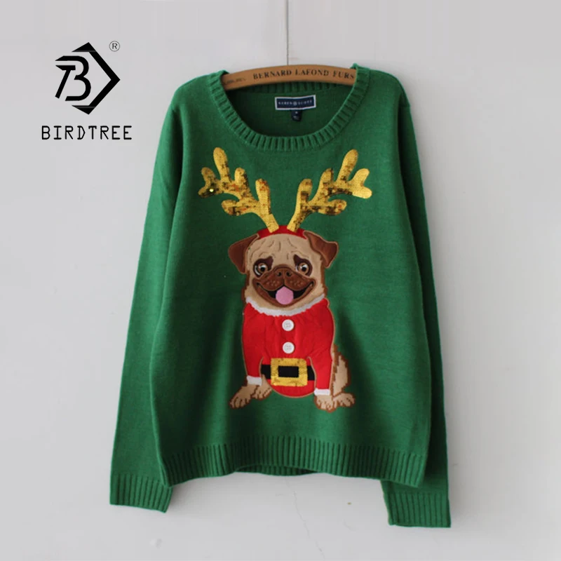 Women Ugly Christmas Sweater Thick Warm Winter Pullovers Loose Pug Dog Embroidery Sequins Full Sleeve Knitted Girl Tops T0N654T