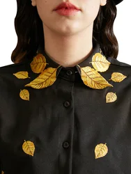 Women's Golden Leaf Embroidery Bat Sleeve Shirt, Spring Shirt, Original Design