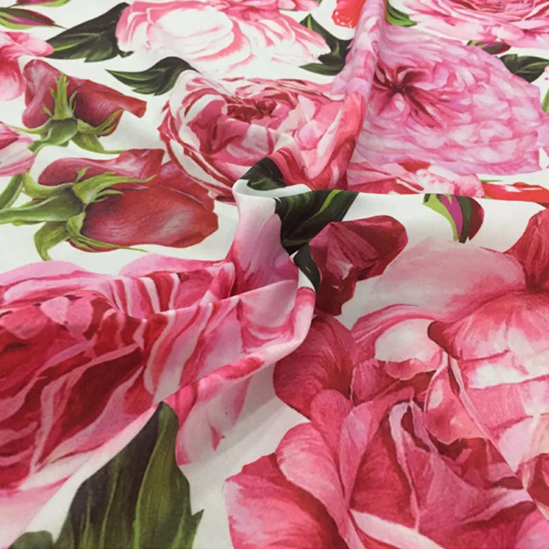 145cm Width Fashion Pink Rose Flower Printed Imitate Cotton  Fabric For Woman/Kids Dress Blouse Pants DIY Cloth Sewing Material