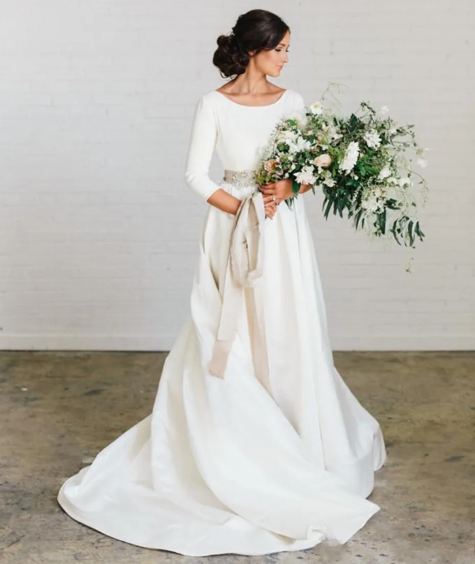 Robe de Mariée Modeste en Satin Doux Style Boho, avec Manches 2025, Blet Perlé, pour Patients de Pays Bas, quel que soit le Mariage, Nouvelle Collection 3/4